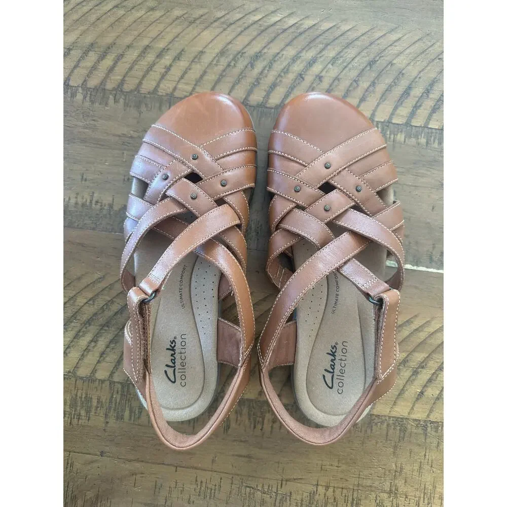 Clarks Elizabelle Fisherman Sea Woven Strappy Slingback Sandals Tan Leather 8.5